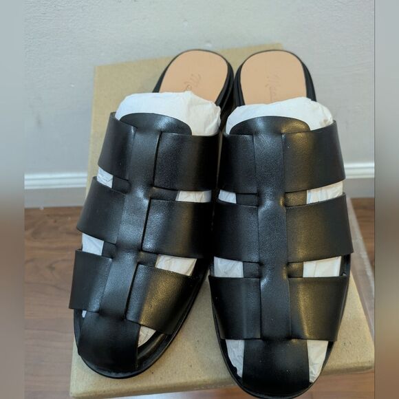 Madewell The Dixson Fisherman Mule Flats True Black Leather Sz 7.5 NEW - Picture 2 of 16